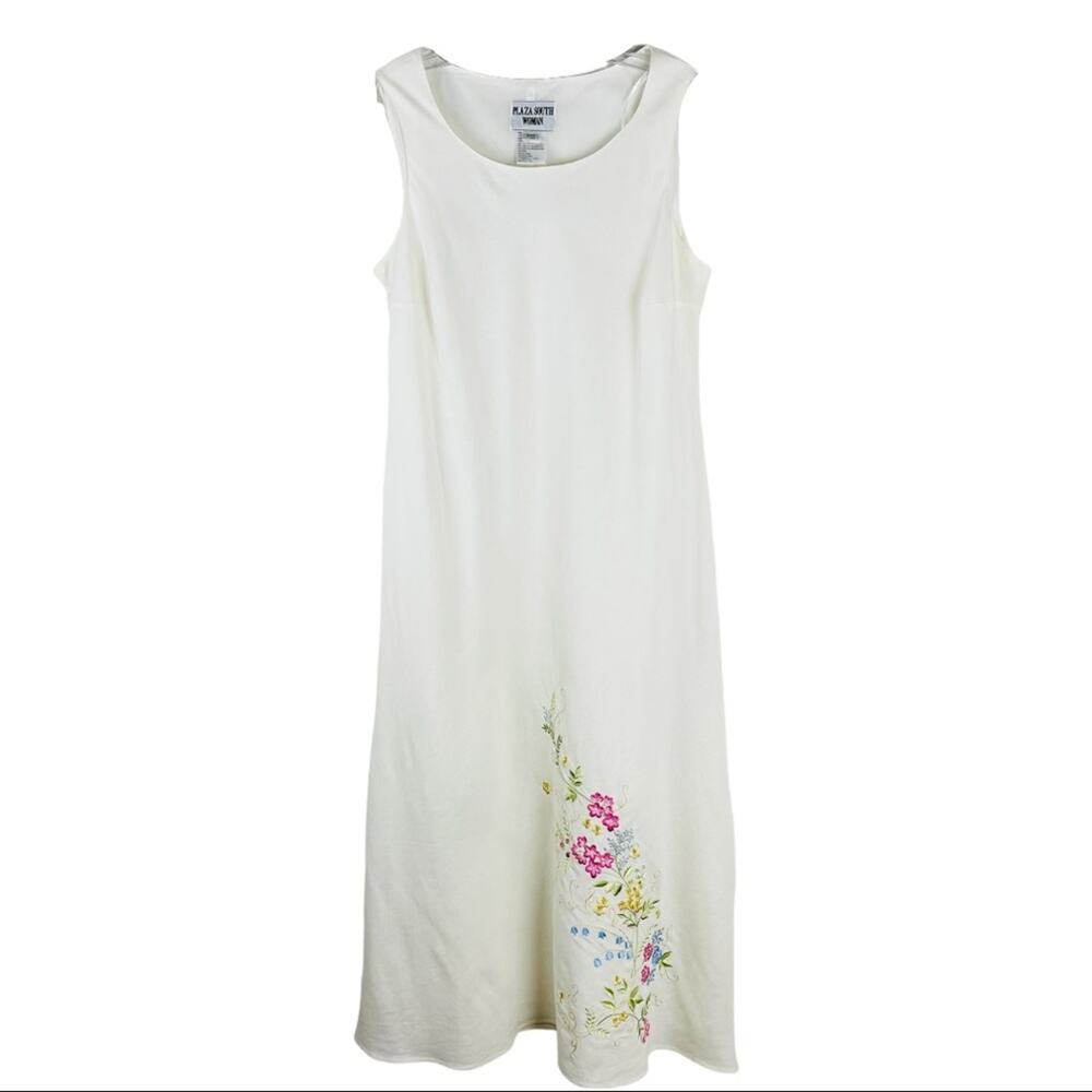 Vintage cream linen floral embroidered cottagecore maxi dress 14W